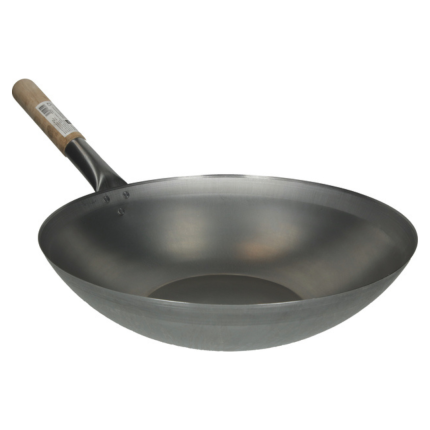 Lapos aljú wok fa nyéllel 33 cm – karbonacél wok ázsiai főzéshez